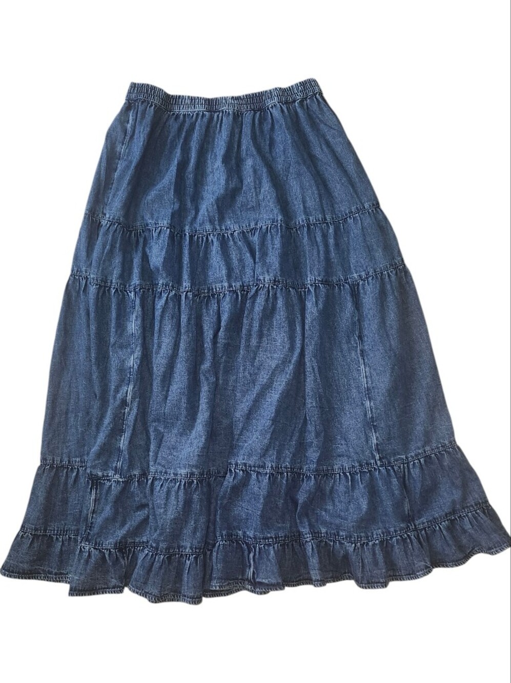 American Eagle Dark Wash Tiered Chambray Denim Maxi Skirt. Size L